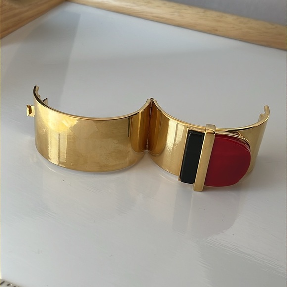 Vintage Modernist Statement Cuff Bracelet Red Black Gold Geometric Bold - Picture 9 of 16